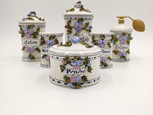 set, bagno, anni40, servizio, ceramica, arte, artistica, petucco, &, tolio, nove, vicenza, madame, monsieur, lui, lei, terraglia, selsdebain, coton, cologne, poudre, 