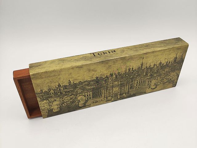 scatola, Fornasetti, legno, mogano, stampa, Torino, antica, TURIN, Italia, anni50, anni60, 