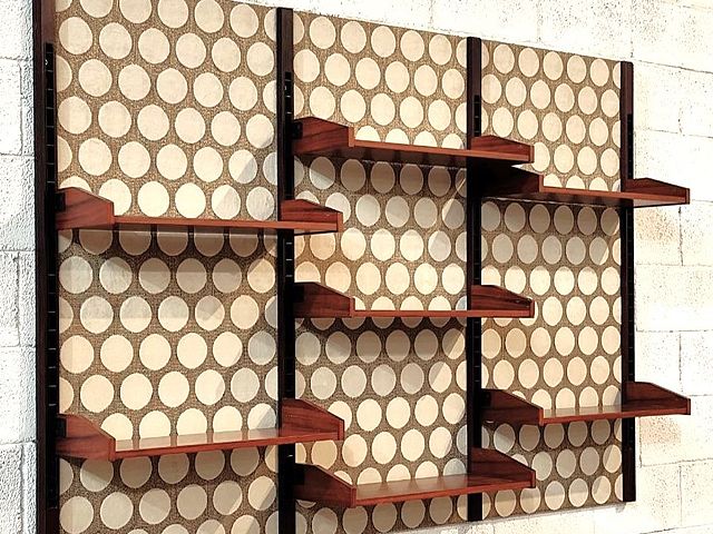 libreria, scaffali, parete, ripiani, tappezzeria, a, pois, ottima, qualità, parete, attrezzata, Italia, anni60, anni70, wood, shelves, italian, furniture, 1960s, 1970s, Italy, design, 