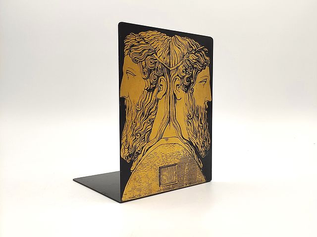 Piero, Fornasetti, Milano, anni50, 1950, made, in, Italy, reggilibri, fermalibri, metallo, serigrafato, oro, nero, Giano, bifronte, Janus, Fornasetti, bookends, 1950s, 