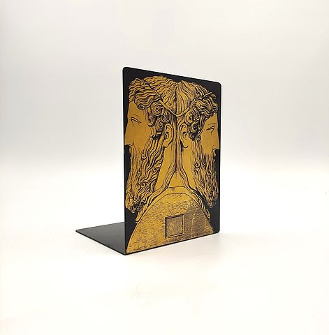 Piero, Fornasetti, Milano, anni50, 1950, made, in, Italy, reggilibri, fermalibri, metallo, serigrafato, oro, nero, Giano, bifronte, Janus, Fornasetti, bookends, 1950s, 