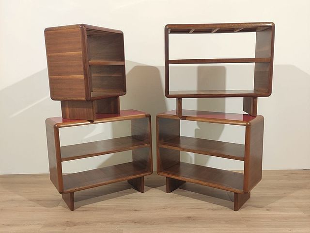 set, 4, mobiletti, etagere, librerie, design, italiano, modernariato, midcentury, Italia, legno, noce, formica, rossa, borsani, ulrich, 