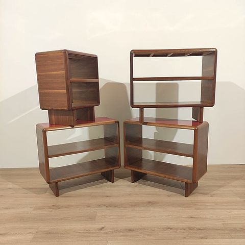 set, 4, mobiletti, etagere, librerie, design, italiano, modernariato, midcentury, Italia, legno, noce, formica, rossa, borsani, ulrich, 