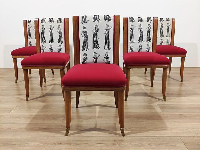Tomaso, Buzzi, sei, sedie, Ulrich, Melchiorre, Bega, legno, noce, design, Italia, anni50, 1950, tessuto, stampa, rosso, ottone, six, chairs, italian, design, 1950s, walnut, wood, brass, high, quality, fabric,