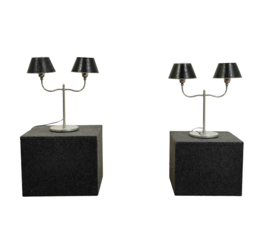 coppia, lampade, tavolo, metallo, pelle, nera, doppia, luce, italian, design, table, lamp, 1970s, anni70, Italia, 
