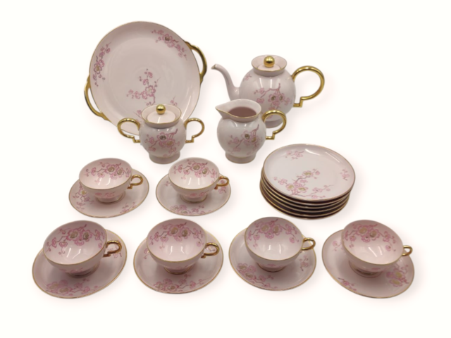 GioPonti, Gio, Ponti, servizio, Barbara, Pittoria, Doccia, anni30, 1930, 1933, ceramica, rosa, oro, decoro, fior, pesco, 