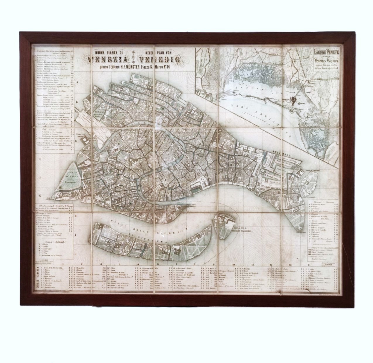 stampa, cartina, viaggio, per, stranieri, bilingue, Venezia, pieghevole, 1854, editore, Munster, stamp, maps, Venice