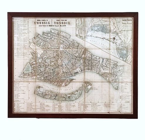 stampa, cartina, viaggio, per, stranieri, bilingue, Venezia, pieghevole, 1854, editore, Munster, stamp, maps, Venice