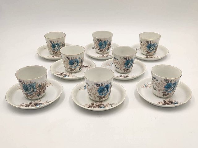 caffè, servizio, 8, persone, ceramica, bianca, decoro, a, mano, rosa, blu, ceramica, francese, sarreguemines, XIXsec, France, 1800, inizi, 1900, Francia, Italia, Ginori, 