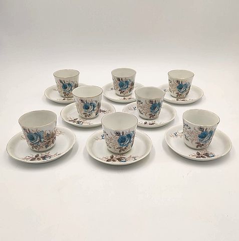 caffè, servizio, 8, persone, ceramica, bianca, decoro, a, mano, rosa, blu, ceramica, francese, sarreguemines, XIXsec, France, 1800, inizi, 1900, Francia, Italia, Ginori, 