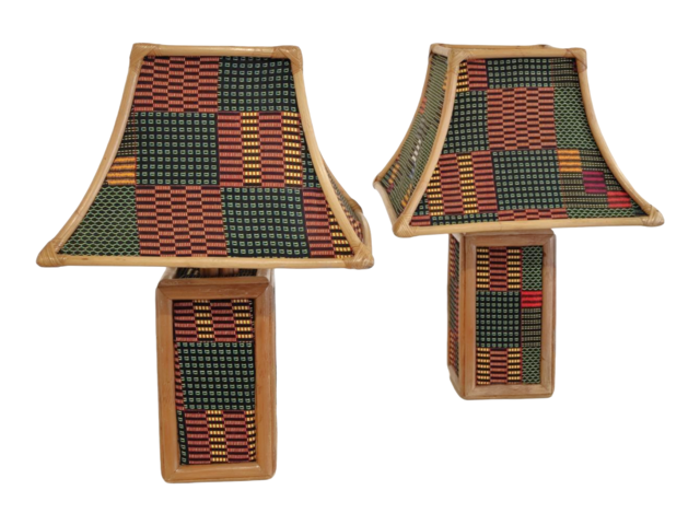 lampade, tavolo, bambù, tessuto, colori, motivi, geometrici, Africa, produzione, artigianale, Italia, 1960s, 1970s, table, lamp, bamboo, african, fabric, 