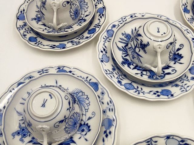 Meissen, servizio, tè, 8, persone, dipinto, a, mano, decoro, a, cipolla, blu, meissen, spade, incrociate, ceramica, reale, alta, qualità, Germania, anni50, 