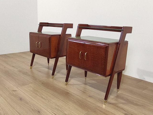 coppia, comodini, anni50, legno, mogano, ottone, vetro, verde, bedsidetables, 1950s, Italy, mahogany, wood, brass, glass, 