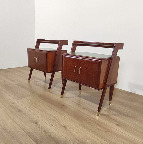 coppia, comodini, anni50, legno, mogano, ottone, vetro, verde, bedsidetables, 1950s, Italy, mahogany, wood, brass, glass, 