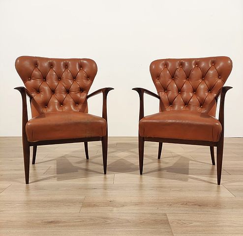 Paolo, Buffa, design, couple, armchairs, coppia, walnut, wood, cognac, leather, 1950s, Italy, poltrone, legno, noce, pelle, cognac, Italia, anni50, 