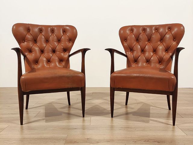 Paolo, Buffa, design, couple, armchairs, coppia, walnut, wood, cognac, leather, 1950s, Italy, poltrone, legno, noce, pelle, cognac, Italia, anni50, 