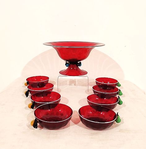 Barovier, anni20, servizio, macedonia, dessert, dolce, vetro, soffiato, rosso, pere, vetro, giallo, verde, celeste, anni30, 1919, 1934, Murano, Barovier, Italia, antiquariato, antiques, red, glass, blowing, 1920s, 1930s, 