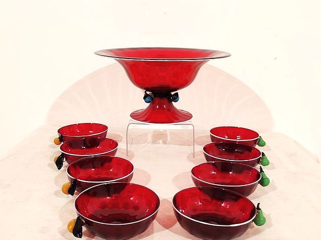 Barovier, anni20, servizio, macedonia, dessert, dolce, vetro, soffiato, rosso, pere, vetro, giallo, verde, celeste, anni30, 1919, 1934, Murano, Barovier, Italia, antiquariato, antiques, red, glass, blowing, 1920s, 1930s, 