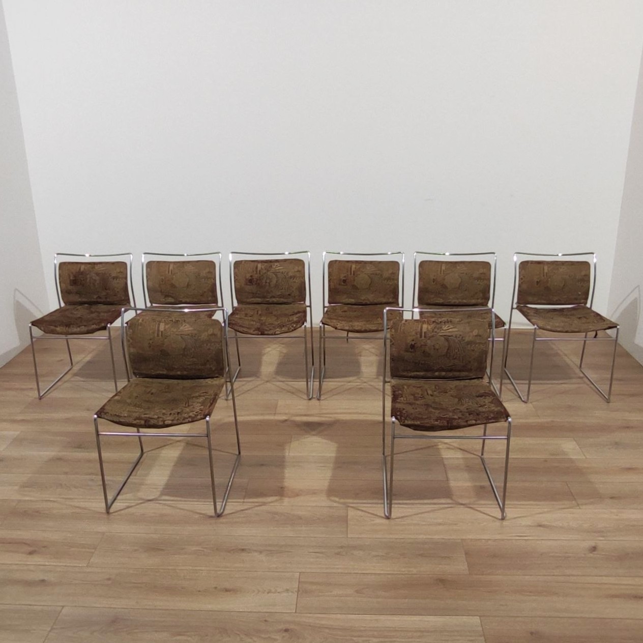 Kazuhide, Takahama, Simon, Gavina, Bologna, Tulu, sedia, impilabile, 8, sedie, 1968, 1969, tondino, metallico, cromato, made, italy, 1960s, Tulu, chairs, 