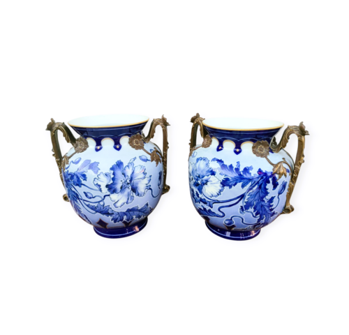 vasi, coppia, ceramica, decoro, floreale, policroma, Germania, pirkenhammer, Fischer, Mieg, bianco, blu, marrone, oro, tedeschi, Jughendstil, artnouveau, liberty, 