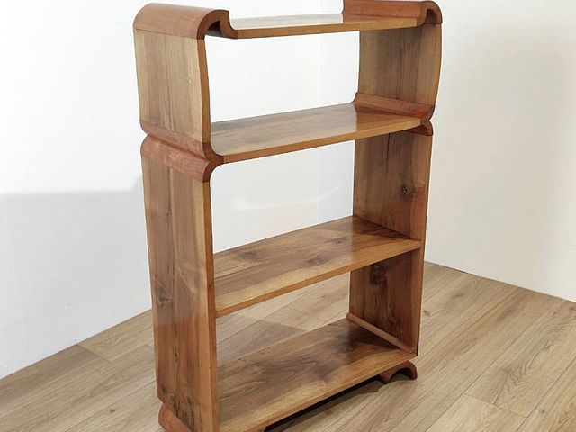étagère, libreria, a, giorno, periodo, ArtDéco, bookcase, lineare, eclettica, linea, dritta, angolo, arrotondato, legno, massello, noce, ciliegio, cherry, walnut, wood, produzione, italiana, inizi, XXsec, Italy, 1940s, 