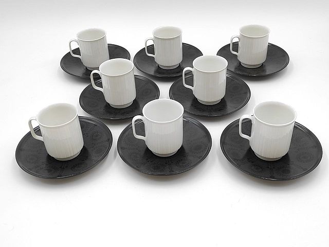 Rosenthal, Porcelaine, Noire, Studio, Linie, design, Tapio, Wirkkala, designer, finlandese, porcellana, motivo, porcelaine, noire, bianca, nera, servizio, 8, tazzina, caffe, 1962, anni, 60, midcentury, sixties, Germania, Deutschland, Germany, 