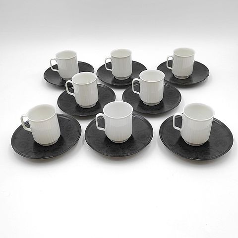 Rosenthal, Porcelaine, Noire, Studio, Linie, design, Tapio, Wirkkala, designer, finlandese, porcellana, motivo, porcelaine, noire, bianca, nera, servizio, 8, tazzina, caffe, 1962, anni, 60, midcentury, sixties, Germania, Deutschland, Germany, 