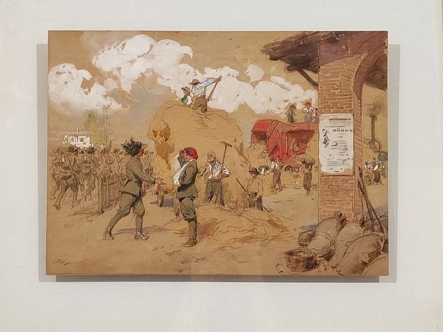 Achille, Beltrame, Società, Anonima, Grandine, Assicurazioni, Generali, Soldato, convalescente, disegno, acquerello, biacca, 1917, 1918, almanacco, illustrato, 