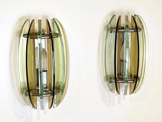 Veca, made, in , Italy, anni70, appliques, vetro, acqua, marina, fumé, metallo, cromato, 1970s, 