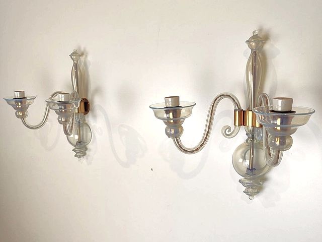 coppia, lampade, parete, appliques, ciascuna, due, luci, Seguso, lampade, vetro, trasparente, opalino, lattimo, azzurrino, struttura, ottone, Murano, anni50, opal, glass, Murano, lamp, Seguso, 1950s, 