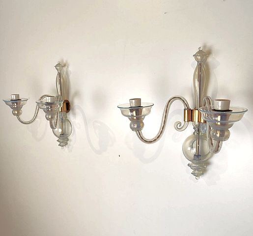 coppia, lampade, parete, appliques, ciascuna, due, luci, Seguso, lampade, vetro, trasparente, opalino, lattimo, azzurrino, struttura, ottone, Murano, anni50, opal, glass, Murano, lamp, Seguso, 1950s, 