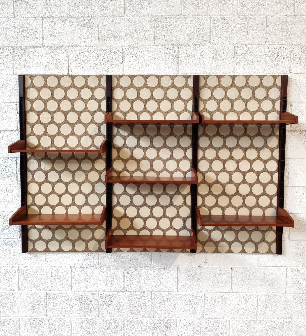 libreria, scaffali, parete, ripiani, tappezzeria, a, pois, ottima, qualità, parete, attrezzata, Italia, anni60, anni70, wood, shelves, italian, furniture, 1960s, 1970s, Italy, design,