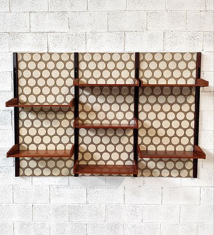 libreria, scaffali, parete, ripiani, tappezzeria, a, pois, ottima, qualità, parete, attrezzata, Italia, anni60, anni70, wood, shelves, italian, furniture, 1960s, 1970s, Italy, design, 