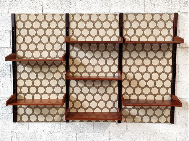 libreria, scaffali, parete, ripiani, tappezzeria, a, pois, ottima, qualità, parete, attrezzata, Italia, anni60, anni70, wood, shelves, italian, furniture, 1960s, 1970s, Italy, design, 