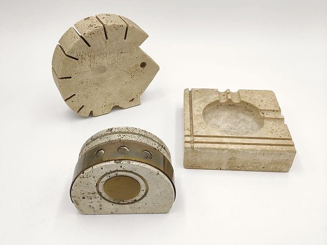 Fratelli, Mannelli, Enzo, Mari, travertino, set, scrittoio, oggetti, zoomorfi, riccio, portapenne, porta, bigliettini, anni70, 1970s, Italy, enzo, mari, design, 