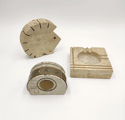 Fratelli, Mannelli, Enzo, Mari, travertino, set, scrittoio, oggetti, zoomorfi, riccio, portapenne, porta, bigliettini, anni70, 1970s, Italy, enzo, mari, design, 