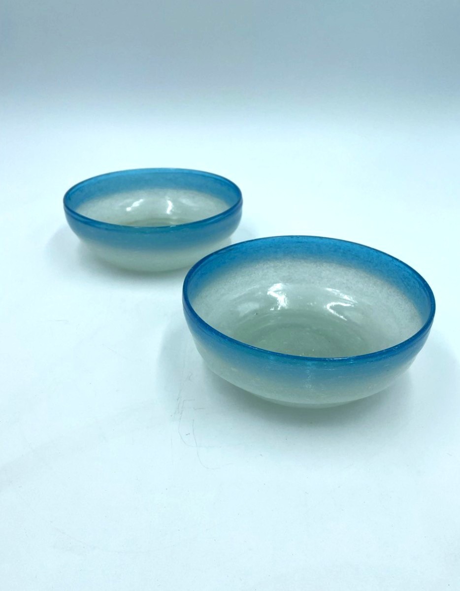 vetro, pulegoso, Murano, Venini, Barovier, Seguso, coppia, ciotole, bianco, azzurro, anni50, 