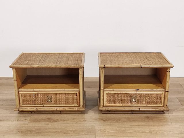 Coppia, comodini, vimini, rattan, bambù, maniglie, ottone, disegno, mobili navali, navy, furniture, produzione, DalVera, Conegliano, Veneto, marchio, dorato, Italia, anni50, bambù, wicker, DalVera, bedsidetables, Italian, design, 1950s, 