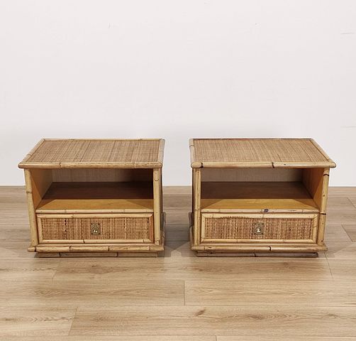 Coppia, comodini, vimini, rattan, bambù, maniglie, ottone, disegno, mobili navali, navy, furniture, produzione, DalVera, Conegliano, Veneto, marchio, dorato, Italia, anni50, bambù, wicker, DalVera, bedsidetables, Italian, design, 1950s, 