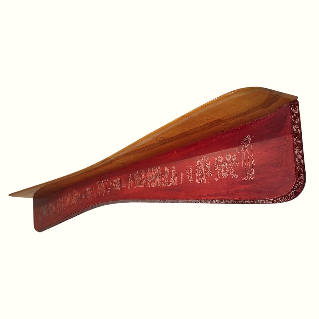 grande, mensola, legno, noce, laccatura, rosso, porpora, figure, bianche, gusto, antico, decoro, produzione, artigianale, alta, qualità, Italia, anni50, 