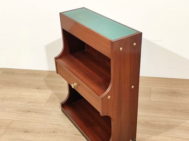 comodini, legno, vetro, verde, satinato, illuminato, palissandro, ottone, Italia, anni60, anni70, bedsidetables, made, in Italy, wood, green, satin, glass, 