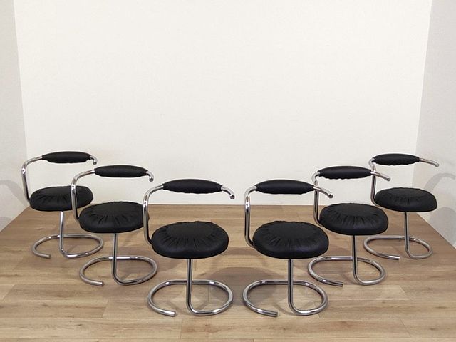 Gruppo, 6, sei, sedie, modello, Cobra, design, Giotto, Stoppino, rivestimento, rinnovato, ecopelle, nera, struttura, tubolare, metallo cromato, Italia, anni70, Set, 6, Cobra, chairs, designed, by, Giotto, Stoppino, upholstery, renovated, black, eco-leather, ecoleather, tubular, frame, chromed, metal, Italy, 1970s,