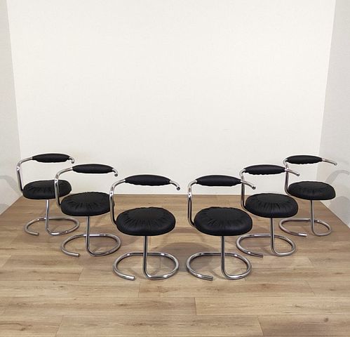 Gruppo, 6, sei, sedie, modello, Cobra, design, Giotto, Stoppino, rivestimento, rinnovato, ecopelle, nera, struttura, tubolare, metallo cromato, Italia, anni70, Set, 6, Cobra, chairs, designed, by, Giotto, Stoppino, upholstery, renovated, black, eco-leather, ecoleather, tubular, frame, chromed, metal, Italy, 1970s,