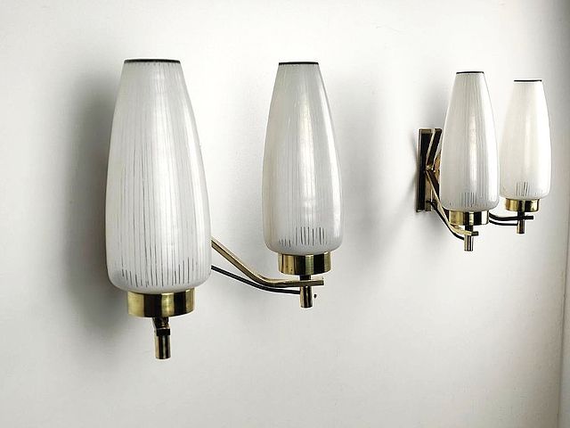 coppia, lampade, parete, appliques, ottone, metallo, nero, vetro, rigato, design, anni50, italian, light, design, 1950s