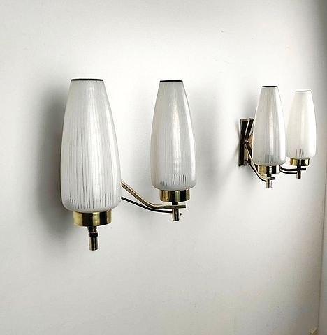 coppia, lampade, parete, appliques, ottone, metallo, nero, vetro, rigato, design, anni50, italian, light, design, 1950s