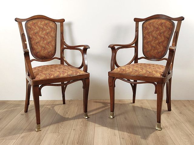 Coppia, poltrone, poltroncine, sedie, braccioli, legno, faggio, curvato, seduta, schienale, imbottite, tessuto, Jacob&JosephKohn, Wien, Austria, modello, numero, 326/F, catalogo, 1906, Marchio, impresso, fuoco, Vienna, iniziXXsec, Pair, of, chairs, with, armrests, bent, beech, wood, fabric, Jacob, and, Joseph, Kohn, Vienna, Austria, model, no326/F, 1906, catalog, XXcentury, 