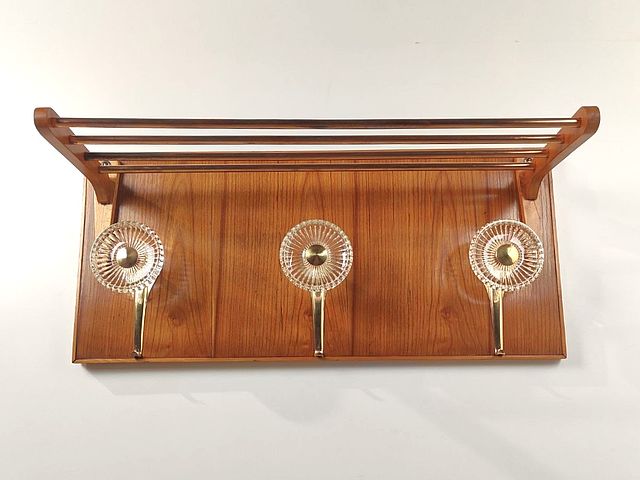 appendiabiti, portacappelli, legno, ciliegio, ottone, vetro, anni50, Italia, 