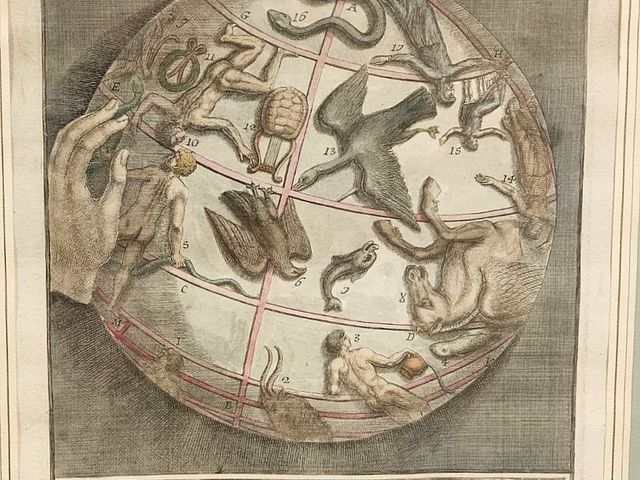 Stampa, acquarellata, Prospectus, Quartus, Globi, Celestis, ab, Atlante, Farnesiano, quarto, prospetto, del, globo, celeste, Atlante, Farnese, pubblicato, 1750, stampa, cornice, incisione, su, lastra, colorata, acquerello, Italia, XVIII, XIXsec