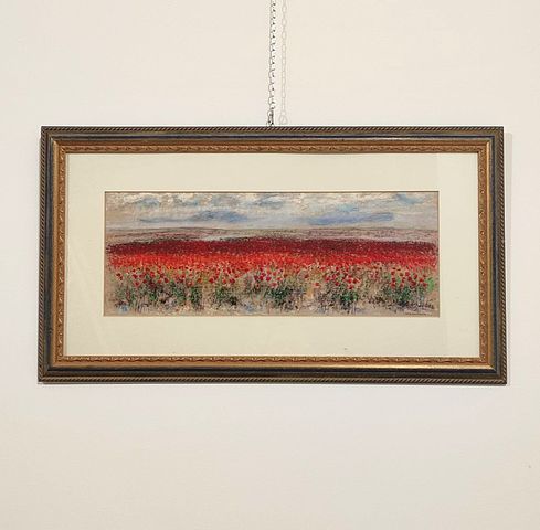 Addamiano, Natale, pastello, originale, su, carta, Bitetto, Bari, 1943, campo, papaveri, Addamiano, artista, italiano, arte, italiana, XXsec, XX, secolo, anni, 80, anni, 90, Milano, antiquariato, 