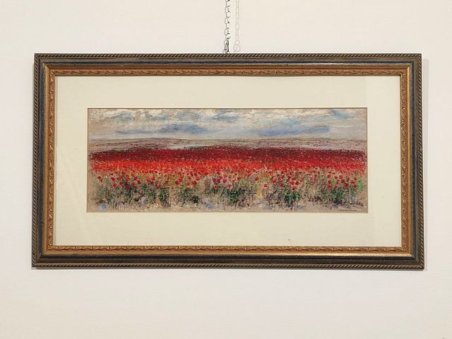 Addamiano, Natale, pastello, originale, su, carta, Bitetto, Bari, 1943, campo, papaveri, Addamiano, artista, italiano, arte, italiana, XXsec, XX, secolo, anni, 80, anni, 90, Milano, antiquariato, 